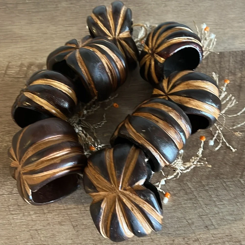Set of 8 Pier 1 Imports pumpkin Napkin Rings Wood fall festive autumn